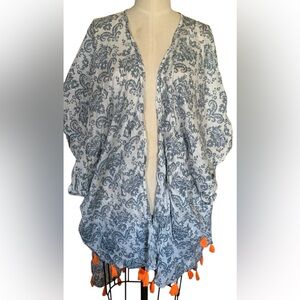 Z & L OS Gray/white Kimono Cardigans Swimsuits Cover ups W/Orange Tassels